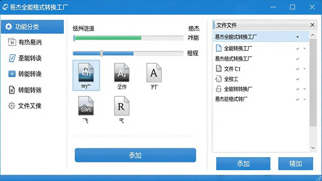 软件主界面全景展示,中央是易杰全能格式转换工厂的窗口,左侧为功能分类栏,右侧为文件列表与转换按钮,顶部标题栏显示软件名称“易杰全能格式转换工厂”,界面采用蓝白配色,布局清晰,风格简洁现代,细节包括进度条、格式图标、添加文件按钮,画质清晰,干净,无多余元素