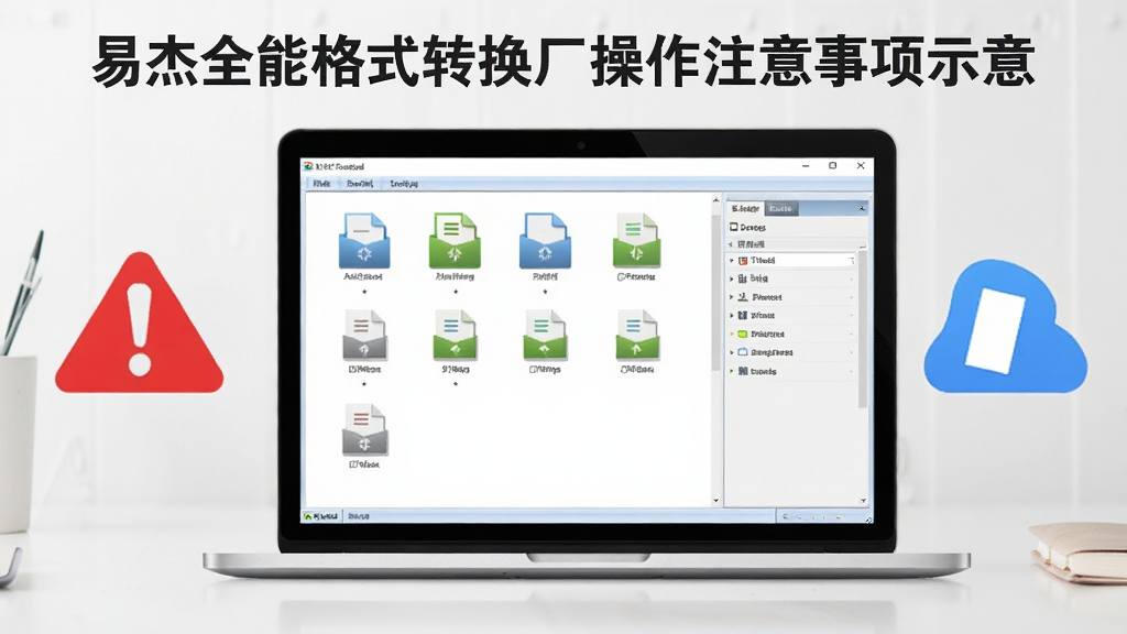 易杰全能格式转换工厂操作注意事项示意图,画面中一台笔记本电脑显示软件界面,旁边有红色警告图标和蓝色提示图标,背景为简约桌面,风格清晰,细节包括文件图标和设置面板,画质干净,无多余元素