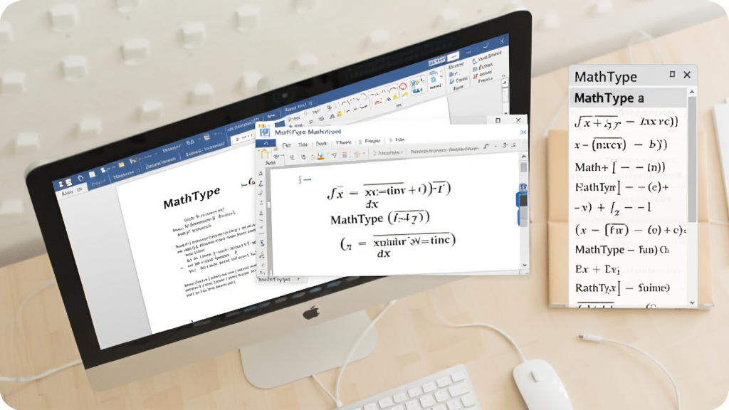 一张展示MathType数学公式编辑器在电脑端使用技巧的示意图。画面主体为电脑屏幕,显示Word文档与MathType浮动窗口,旁边配有常用公式收藏栏。布局采用俯视视角,风格为办公学习风,浅色桌面背景,画质干净清晰,无多余元素。