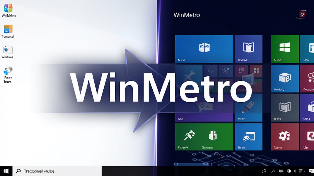 WinMetro 功能展示图,画面左侧是传统 Windows 桌面,右侧是 Metro 风格开始屏幕,中间有切换箭头,界面中标注