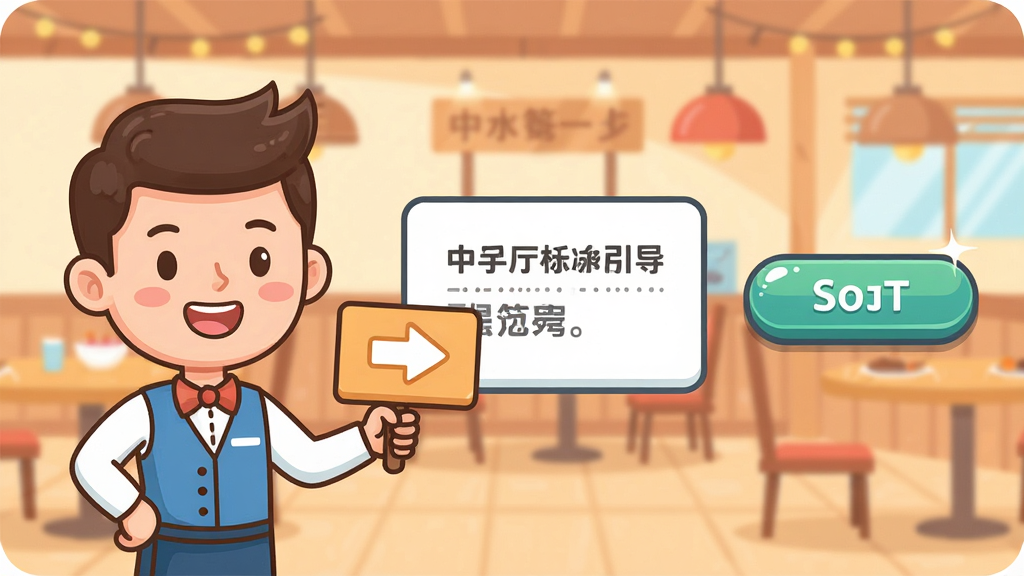 中餐厅手机应用新手引导界面展示,画面中央是一个卡通风格的新手引导员角色,手持指示牌指向屏幕右侧的按钮,背景是简化的餐厅场景,布局采用左中右结构,左侧为引导员,中间为文字说明框,右侧为操作按钮,排版清晰直观,风格为扁平化卡通插画,细节包括引导员的笑脸、指示牌上的箭头、按钮的高光效果,画质明亮,画面干净,无多余元素