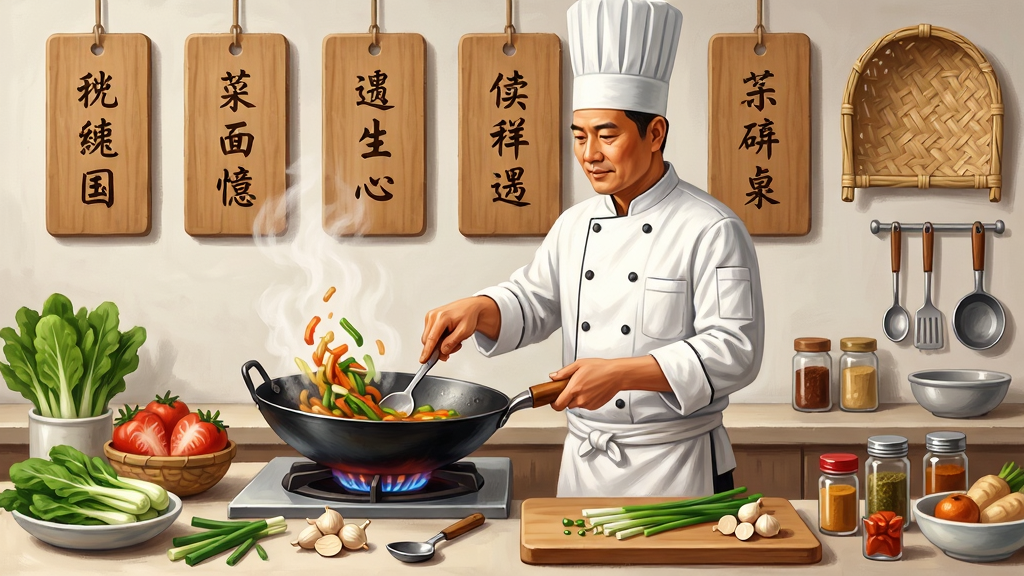 中餐厅手机应用中菜品研发界面展示,画面主体是一位身着白色厨师服的中国大厨站在灶台前,双手正在翻炒锅中菜肴,灶台旁摆放着各种新鲜食材和调味料,背景是挂满菜谱木牌的墙面,每块木牌上写着菜名,布局采用中心构图,大厨位于画面正中,四周环绕食材与厨具,排版清晰有序,风格为写实厚涂插画,细节包括锅中升腾的热气、案板上的葱姜蒜、墙上的竹编簸箕,画质细腻,画面干净,无多余元素