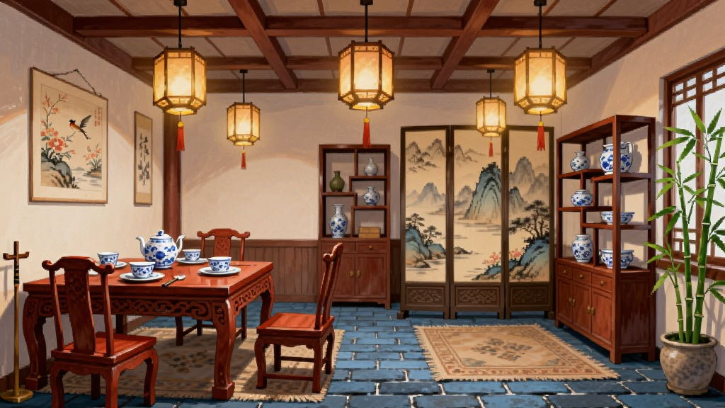 中餐厅手机应用中餐厅装潢定制界面展示,画面呈现一间中式餐厅内部全景,左侧是雕花红木餐桌搭配青花瓷餐具,右侧是山水屏风与博古架,地面铺着仿古青砖,天花板上悬挂着六角宫灯,光线柔和温暖,布局采用对称构图,上方为横梁与灯笼,下方为桌椅与地毯,排版工整,风格为清新国风插画,细节包括屏风上的花鸟图案、博古架上的瓷器摆件、窗边的翠竹盆栽,画质高清,画面干净,无多余元素