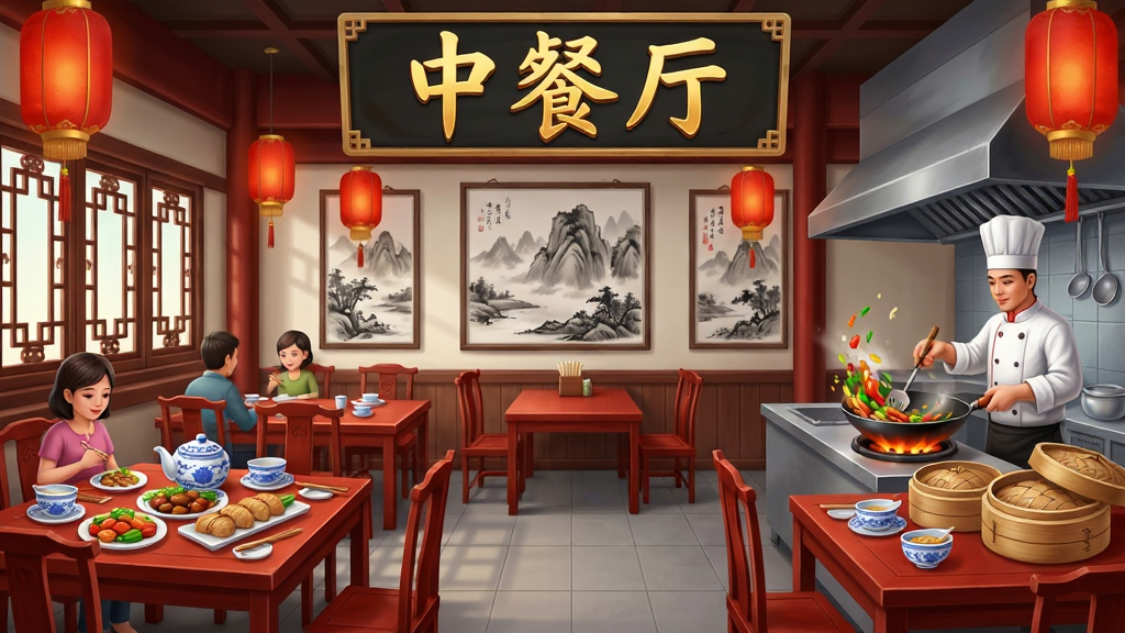 一款以中华美食文化为主题的模拟经营手机应用界面展示,画面中央是古色古香的中式餐厅大堂,红木桌椅整齐排列,灯笼高挂,墙上挂着水墨山水画,右侧是开放式厨房,厨师正在颠勺炒菜,左侧是顾客用餐区,桌上摆满色香味俱全的中式菜肴,整体布局采用三分法构图,上方为餐厅招牌写着
