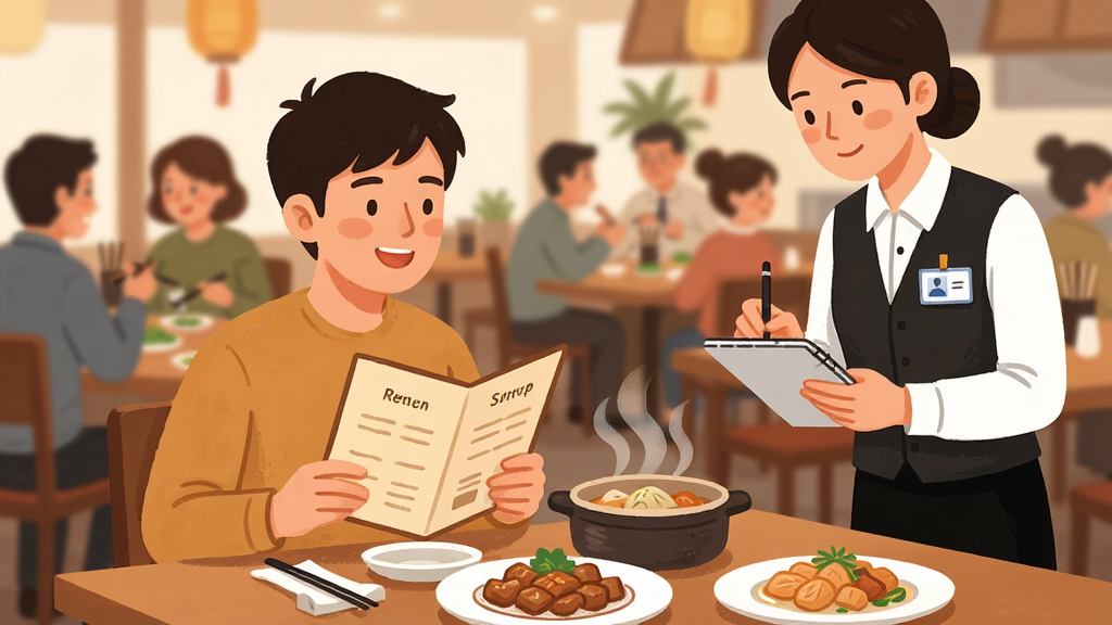 中餐厅手机应用中顾客互动界面展示,画面中央是一位面带微笑的顾客坐在餐桌前,桌上摆着热气腾腾的菜肴,旁边站着一位服务员正在记录点单,背景是忙碌的餐厅场景,其他顾客在用餐交谈,布局采用近景构图,顾客与服务员位于画面前景,餐厅环境作为背景虚化处理,排版突出人物互动,风格为温暖治愈系插画,细节包括顾客手中的菜单、服务员胸前的工牌、桌上精致的菜品摆盘,画质清晰,画面干净,无多余元素