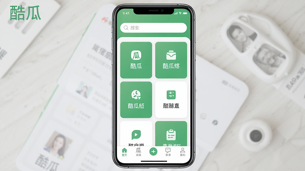 一张展示酷瓜软件主界面的手机预览图,画面中央是一部竖屏智能手机,屏幕内显示酷瓜应用的主页布局,顶部有搜索栏,中部为功能卡片网格,底部为导航菜单,整体配色以清新绿色与白色为主,风格简洁现代,细节清晰,画质干净,无多余元素,图片中文字标注