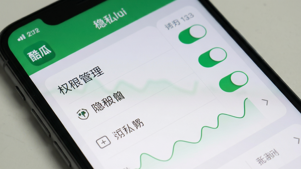 手机屏幕展示酷瓜应用的隐私设置页面,画面中有权限管理列表与开关按钮,界面风格简洁,配色以浅灰与绿色为主,细节清晰,画质干净,无多余元素