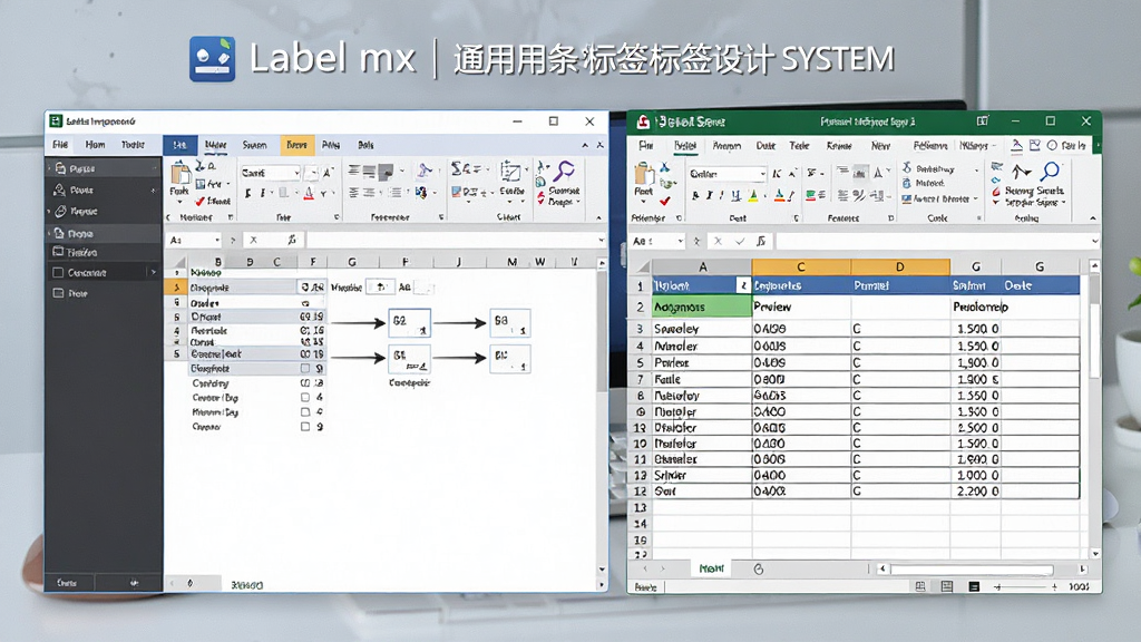 一张展示 Label mx 通用条码标签设计系统 批量数据导入功能的图片,主体是软件中的数据导入向导窗口与 Excel 表格数据预览,布局为左右分栏,排版清晰,风格为办公软件功能界面风格,细节包含数据列映射箭头和预览表格,画质高清,干净,无多余元素。