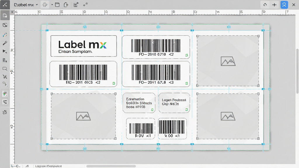 一张展示 Label mx 通用条码标签设计系统 标签模板设计的图片,主体是软件画布中正在编辑的标签模板,布局为多个元素对齐排列,排版规范,风格为简洁设计工具风格,细节包含文字框、条码框、图片占位框和辅助线,画质高清,干净,无多余元素。