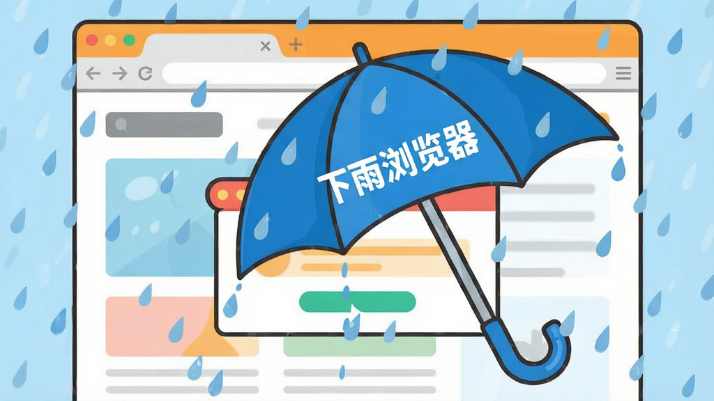 一张下雨浏览器拦截广告的示意图,画面中一个网页上的弹窗广告被一把蓝色的雨伞挡住,雨伞上写着“下雨浏览器”字样,背景是简洁的网页排版,风格卡通扁平,色彩明快,画质干净,无多余装饰