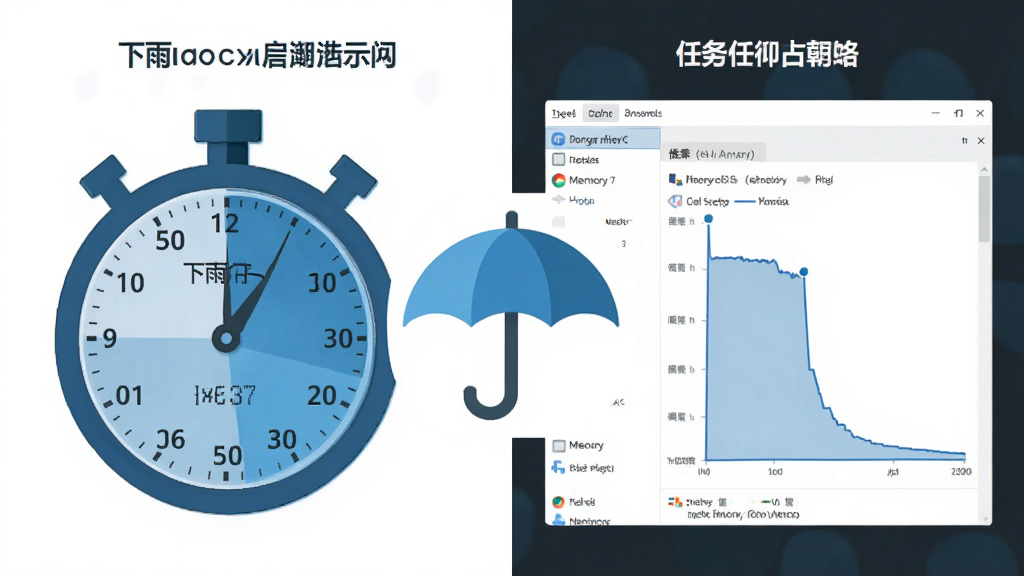一张对比示意图,左侧是下雨浏览器启动瞬间的秒表计时画面,右侧是任务管理器显示的低内存占用曲线图,画面中央有下雨浏览器的雨伞图标,风格为扁平化科技蓝,画质清晰,布局左右对称,干净无杂乱元素