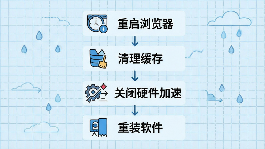 一张下雨浏览器故障排查流程图,画面从上到下依次列出“重启浏览器”“清理缓存”“关闭硬件加速”“重装软件”四个步骤,每个步骤配有简洁图标,背景是浅蓝色网格,风格信息图表,画质清晰,干净无多余装饰