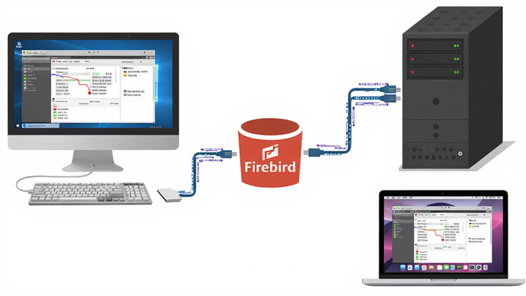 展示Firebird数据库跨平台部署的场景图,画面中同时出现Windows电脑、Linux服务器和macOS笔记本三台设备通过数据线连接至中央的Firebird数据库图标,主体位于画面中心,布局采用横向排列,排版均衡,风格为扁平化科技插画,细节包括设备屏幕上的数据库管理界面与传输中的数据流线条,画质高清,干净整洁,无多余元素