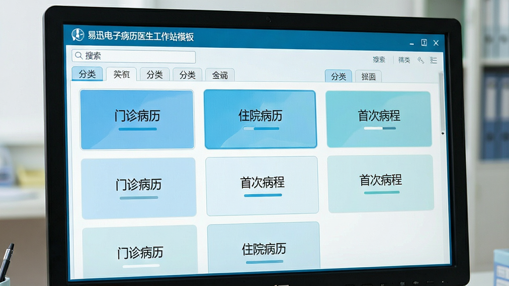 一张展示易迅电子病历医生工作站模板选择界面的图片,画面主体是电脑屏幕,屏幕中排列着多个病历模板卡片,卡片上有“门诊病历”“住院病历”“首次病程”等文字标签,布局为网格状排版,风格为清爽医疗办公风格,细节包含搜索框与分类标签,画质清晰,干净,无多余元素