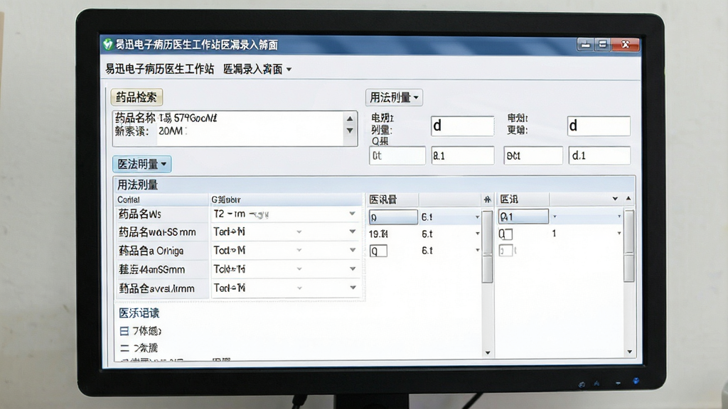 一张展示易迅电子病历医生工作站医嘱录入界面的图片,画面是电脑屏幕,屏幕中显示药品检索框、用法用量输入栏与医嘱列表,布局为表单式排版,风格为干净医疗软件风格,细节包含药品名称文字与剂量单位,画质清晰,干净,无多余元素