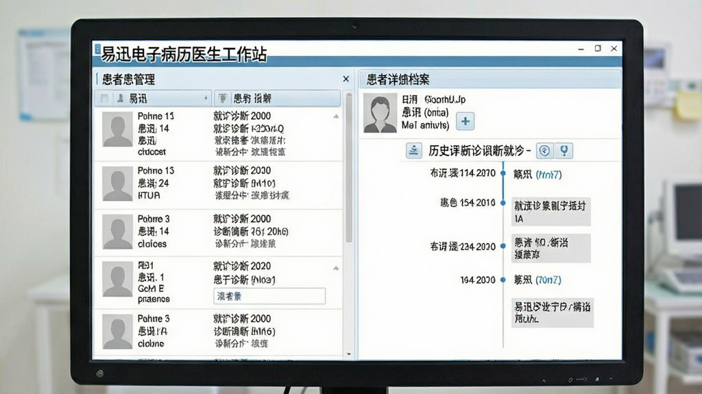 一张展示易迅电子病历医生工作站患者信息管理界面的图片,画面主体是电脑屏幕,屏幕左侧为患者列表,右侧为患者详细档案与历史就诊时间线,布局为左右分栏排版,风格为专业医疗信息系统风格,细节包含患者头像占位、就诊日期与诊断摘要,画质清晰,干净,无多余元素