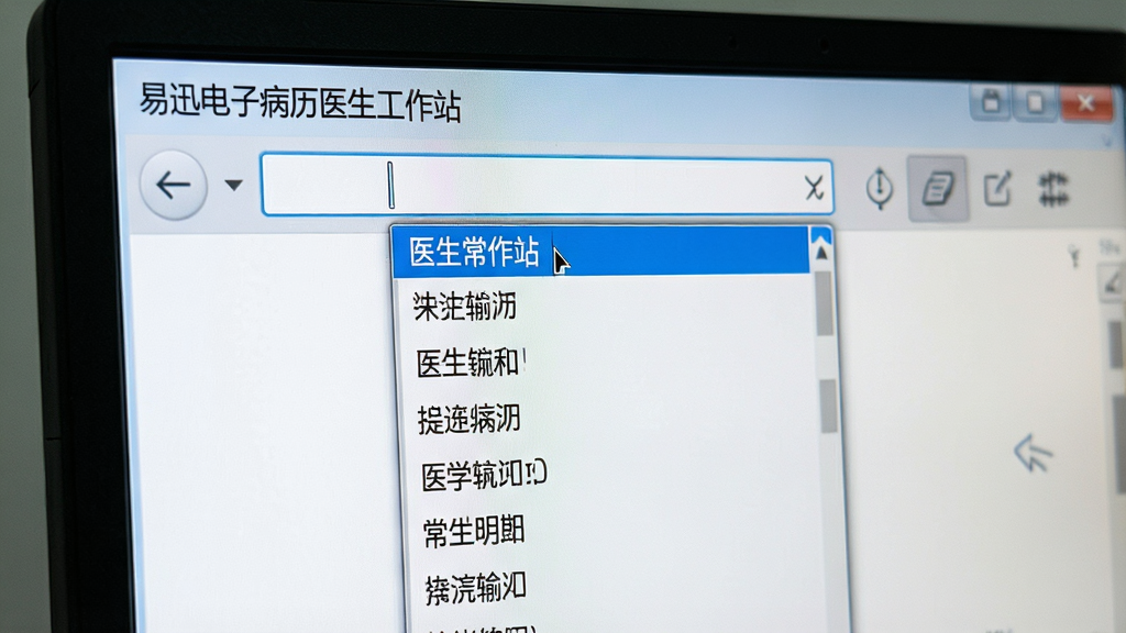 一张展示易迅电子病历医生工作站常用语快捷输入功能的图片,画面是电脑屏幕特写,屏幕中显示输入框与下拉候选列表,列表中有多条医学常用语文字,布局为纵向列表排版,风格为简洁软件交互风格,细节包含光标与候选词高亮效果,画质清晰,干净,无多余元素