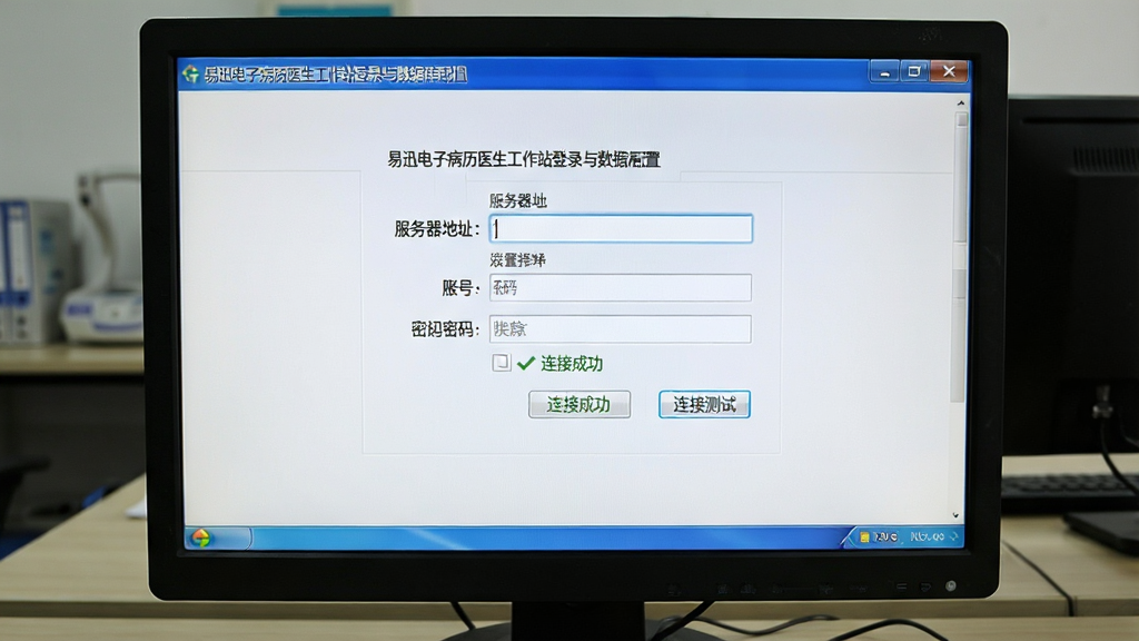 一张展示易迅电子病历医生工作站登录与数据库配置界面的图片,画面是电脑屏幕,屏幕中显示服务器地址输入框、账号密码栏与连接测试按钮,布局为居中表单排版,风格为简洁软件安装配置风格,细节包含“连接成功”状态提示文字,画质清晰,干净,无多余元素