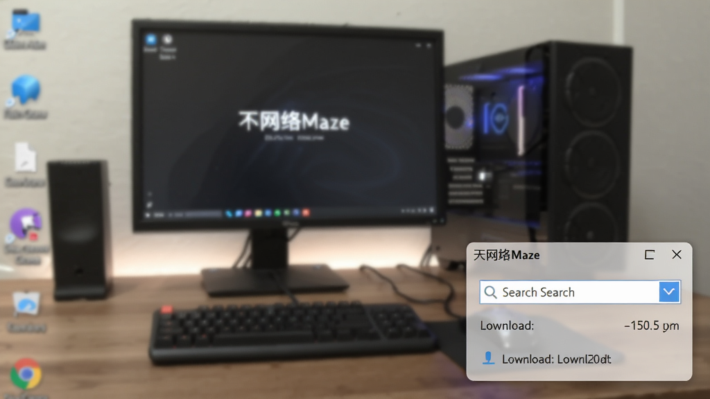 天网Maze在电脑桌面运行的迷你窗口模式,主体为小巧的软件悬浮窗,布局为右下角贴边显示,排版简洁仅包含搜索框和下载速度,风格为极简轻量风格,细节包括半透明背景、简洁图标和低占用提示,画质为高清、干净、无多余元素