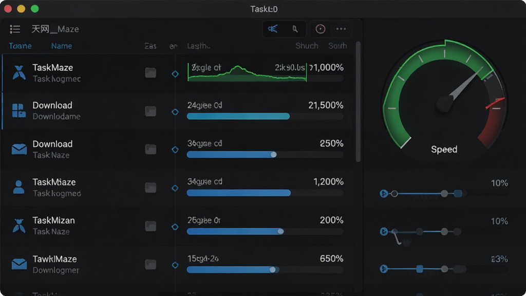 天网Maze下载管理界面展示多个任务同时进行的画面,主体为下载任务列表和速度仪表盘,布局为左右分栏,排版左侧显示任务名称右侧显示实时速度与进度百分比,风格为深色科技风格,细节包括绿色速度曲线、蓝色进度条和连接节点数标识,画质为高清、干净、无多余元素