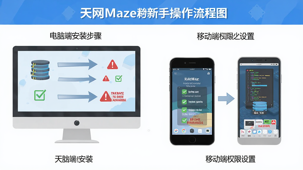 天网Maze新手操作流程图,主体为电脑屏幕和手机屏幕并排展示,布局为左右对比,排版左侧电脑端安装步骤右侧移动端权限设置,风格为扁平化教程风格,细节包括箭头指引、勾选框和红色警告图标,画质为高清、干净、无多余元素