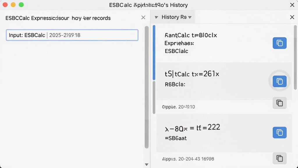 一张展示 ESBCalc 表达式解析与历史记录功能的图片,画面左侧为表达式输入区,右侧为纵向排列的历史记录列表,每条记录包含表达式与结果,布局分栏清晰,排版为软件界面展示风格,风格现代简约,细节有滚动条、时间戳与复制按钮,画质清晰、干净、无多余元素