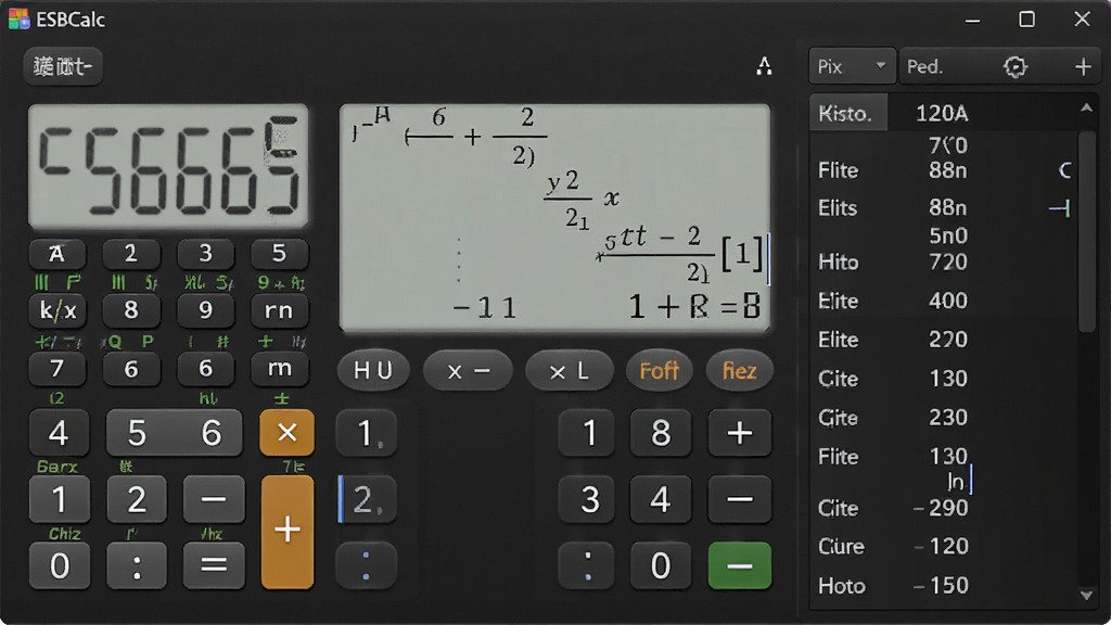 一张展示 ESBCalc 科学计算器软件界面的图片,画面主体是深色主题的计算器窗口,左侧为数字与运算符按钮区,右侧为函数与历史记录面板,中央屏幕显示复杂的数学表达式与计算结果,布局清晰规整,排版为软件界面截图风格,细节包括按钮高光、数字字体与光标位置,画质清晰、干净、无多余元素