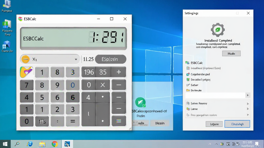 一张展示 ESBCalc 在 Windows 电脑上运行状态的图片,画面主体是桌面上的计算器窗口,旁边有安装完成提示与设置面板,布局为电脑桌面截图风格,排版自然,细节包括任务栏图标、窗口阴影与按钮状态,画质清晰、干净、无多余元素