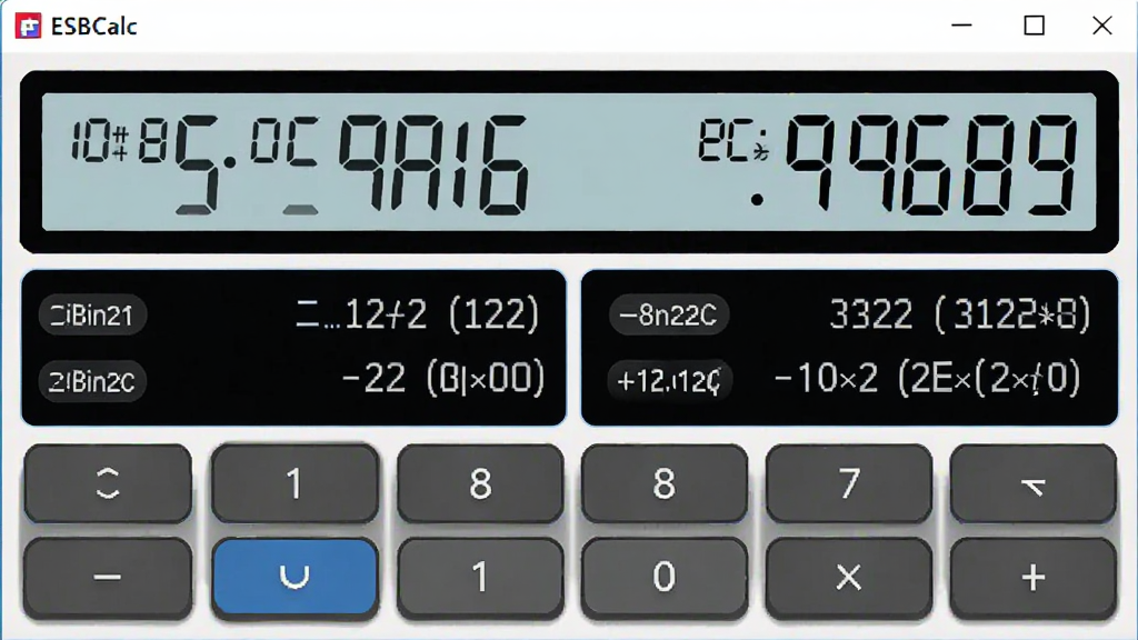 一张展示 ESBCalc 多进制转换功能的界面图片,画面中央是计算器面板,屏幕上方显示十进制数值,下方同时列出二进制、八进制与十六进制结果,按钮区包含位运算符号,布局对称,排版为软件功能截图风格,风格简洁科技感,细节有数值高亮与进制标签,画质清晰、干净、无多余元素