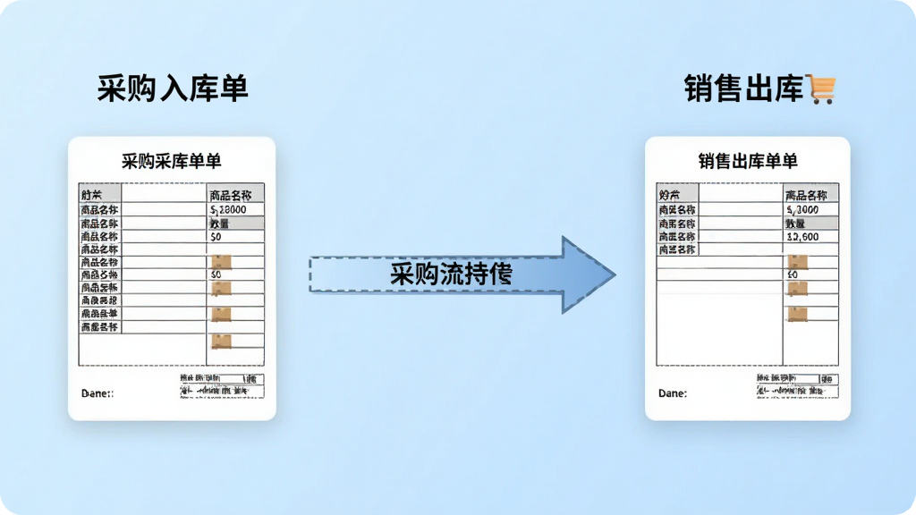 一张展示好老板进销存采购销售流程的图片,画面左侧是采购入库单据,右侧是销售出库单据,中间用箭头连接表示数据流转,背景是浅蓝色渐变,风格简约清晰,细节包含商品名称和数量,画质高清,干净,无多余元素