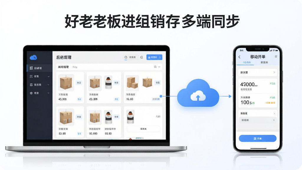 一张展示好老板进销存多端同步的图片,画面左侧是笔记本电脑显示后台管理,右侧是智能手机显示移动开单,中间有云朵图标表示数据同步,背景是白色渐变,风格清新简约,细节包含商品和数字,画质高清,干净,无多余元素