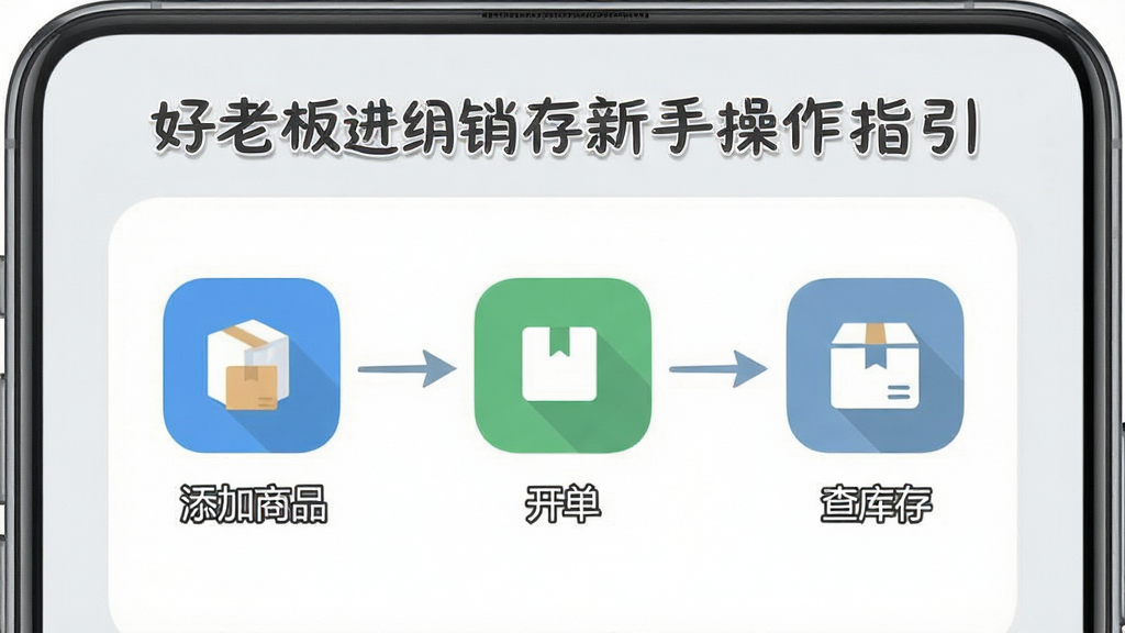 一张展示好老板进销存新手操作指引的图片,画面是手机屏幕显示分步教程界面,包含添加商品、开单、查库存三个步骤图标,背景是浅灰色,风格扁平化,细节清晰,画质高清,干净,无多余元素