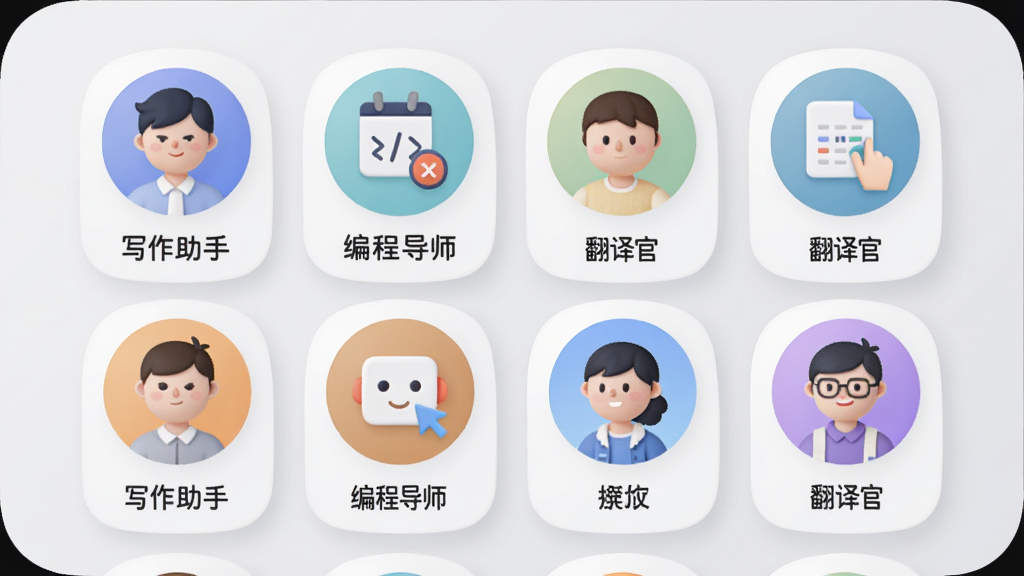 AI�˹�����Agent��ɫѡ����棬��Ļ�������Ŷ��Բ��ͷ��Ƭ��ÿ����Ƭ�·���ע