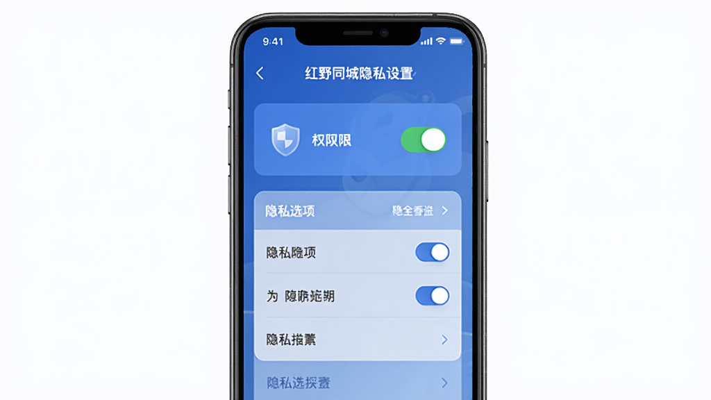 红野同城隐私设置界面,主体为手机屏幕展示权限开关和隐私选项列表,布局居中,排版规整,风格安全稳重的蓝色调,细节包含盾牌图标和开关按钮,画质清晰干净,无多余元素