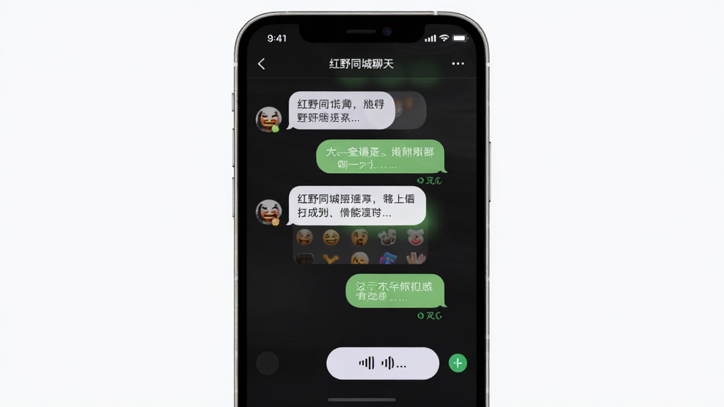 红野同城聊天界面,主体为手机屏幕展示聊天气泡和语音消息按钮,布局居中,排版清晰,风格柔和现代,细节包含表情包面板和已读状态标记,画质清晰干净,无多余元素