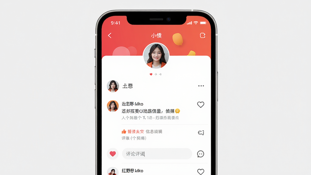 红野同城个人主页界面,主体为手机屏幕展示用户头像和动态信息流,布局上下结构,排版整齐,风格简洁明快,细节包含点赞图标和评论输入框,画质高清干净,无多余元素