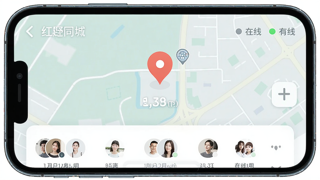 红野同城同城定位功能界面,主体为手机屏幕显示地图定位标记和附近用户头像列表,布局上下结构,排版整齐,风格清新简约,细节包含距离数值和在线状态标识,画质高清干净,无多余元素