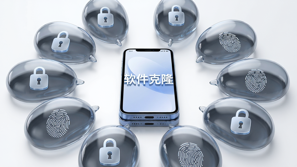 软件克隆安全隔离概念图,主体为手机内部展示多个独立气泡空间,布局为环绕中心手机排列,排版呈放射状,风格为3D渲染科技风,细节包括透明气泡、锁形图标、指纹识别图案,画质高清,干净无多余元素,图片中文字为“软件克隆”