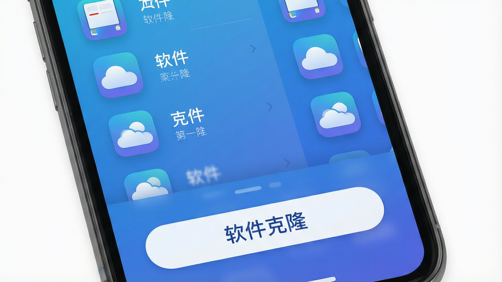 软件克隆应用界面展示,主体为一部智能手机屏幕,屏幕上显示多个相同应用图标整齐排列,布局为上下分栏,上方是应用列表,下方是克隆按钮,排版简洁清晰,风格为现代科技感扁平化设计,细节包括渐变蓝色背景、圆角图标、柔和阴影,画质高清,干净无多余元素,图片中文字为“软件克隆”