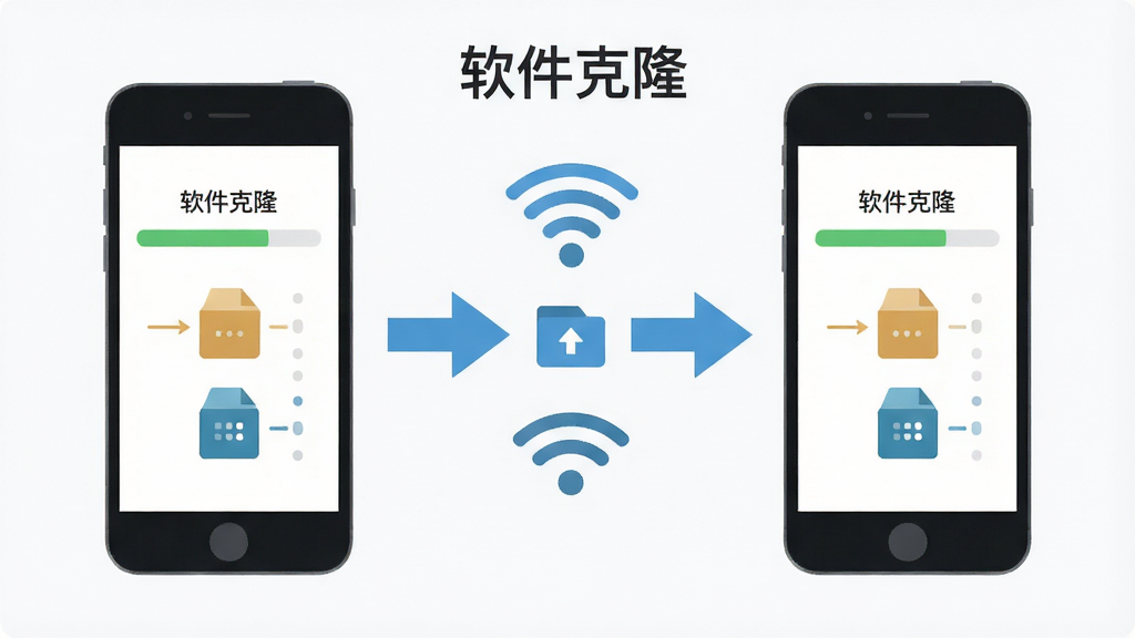 软件克隆数据迁移示意图,主体为两部手机之间通过无线信号连接,布局为左右两部手机中间有箭头和传输图标,排版横向展开,风格为扁平化信息图,细节包括手机屏幕显示进度条、数据包图标、WiFi符号,画质高清,干净无多余元素,图片中文字为“软件克隆”