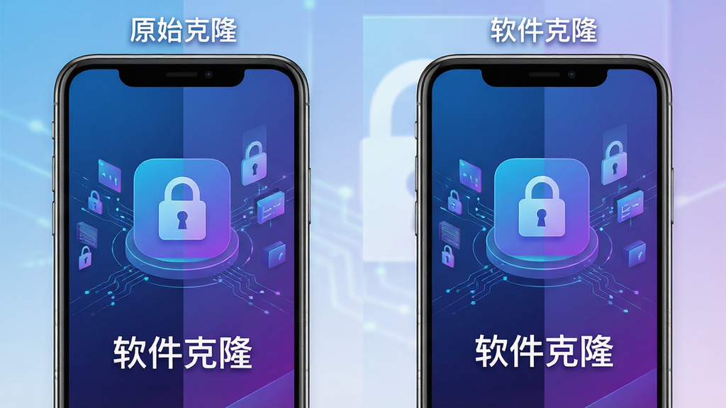 软件克隆功能展示图,主体为手机屏幕分裂成两个独立界面,布局为左右对比排列,左侧显示原始应用,右侧显示克隆应用,排版对称,风格为科技感插画,细节包括蓝色与紫色渐变、数据流线条、锁形图标,画质高清,干净无多余元素,图片中文字为“软件克隆”