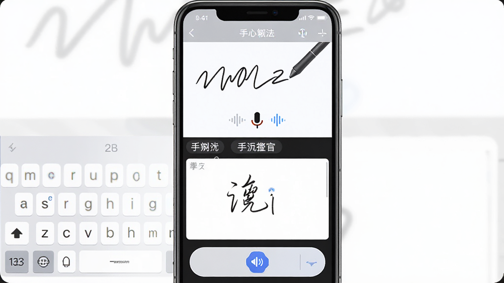 一张展示手心输入法多模式输入功能的图片,画面主体为手机屏幕,屏幕内同时展示拼音键盘、手写区域和语音输入按钮,布局为上下分区展示,风格为功能演示风,细节包括手写笔迹、语音波形图标、候选文字,画质为高清,干净,无多余元素