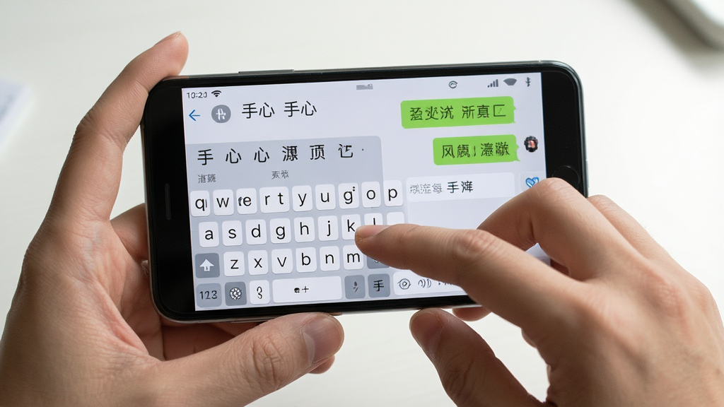 一张展示手心输入法在手机上使用的操作场景图,画面主体为双手持手机打字,屏幕显示手心输入法键盘和聊天界面,布局为第一人称视角,风格为生活写实风,细节包括手指触碰按键、候选词栏、聊天气泡,画质为高清,干净,无多余元素