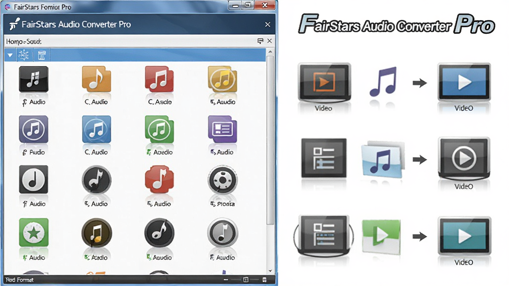 一张功能展示图,画面中 FairStars Audio Converter Pro 软件界面显示格式转换列表,左侧是多种音频格式图标,右侧是视频文件图标指向音频输出,整体布局清晰,风格简洁商务,画质高清,画面中包含