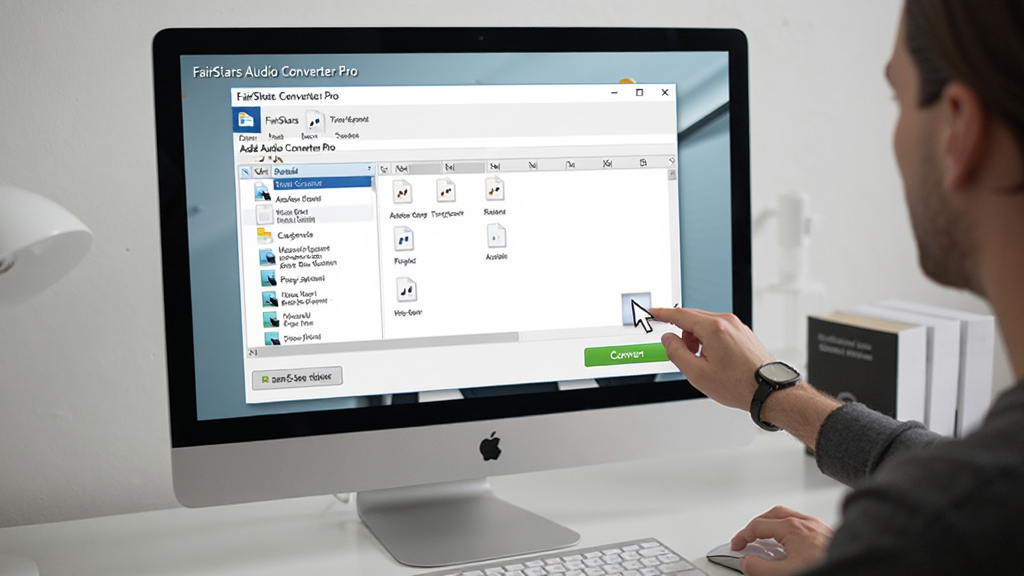 一张电脑操作场景图,画面中用户正在使用 FairStars Audio Converter Pro 软件添加音频文件,鼠标拖拽文件到软件窗口,界面显示文件列表和转换按钮,背景为整洁的书桌环境,风格写实自然,画质高清,屏幕上有