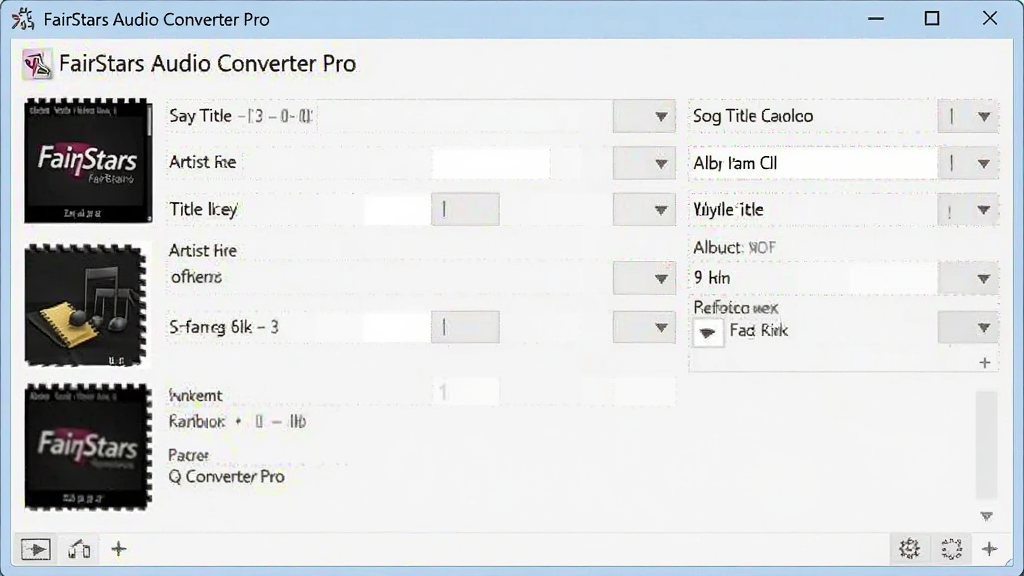 一张音乐标签编辑界面的示意图,FairStars Audio Converter Pro 软件中显示歌曲标题、艺术家、专辑、封面等字段,界面风格清爽素雅,布局规整,画质高清,画面中包含
