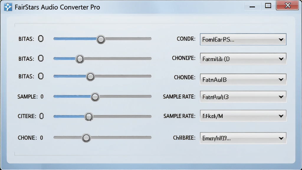 一张参数设置面板特写图,画面中 FairStars Audio Converter Pro 的音频参数调节区域清晰可见,包含比特率、采样率、声道等选项滑块与下拉菜单,背景为浅色渐变,风格专业简洁,画质高清,屏幕上有