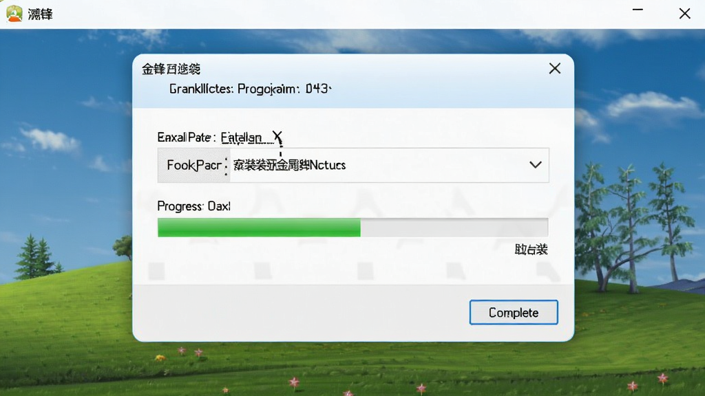 一张金锋屏幕保护程序安装向导界面图,主体为安装进度窗口,布局居中,风格简洁清爽,细节包含安装路径选择、进度条、完成按钮,画质高清干净无多余元素
