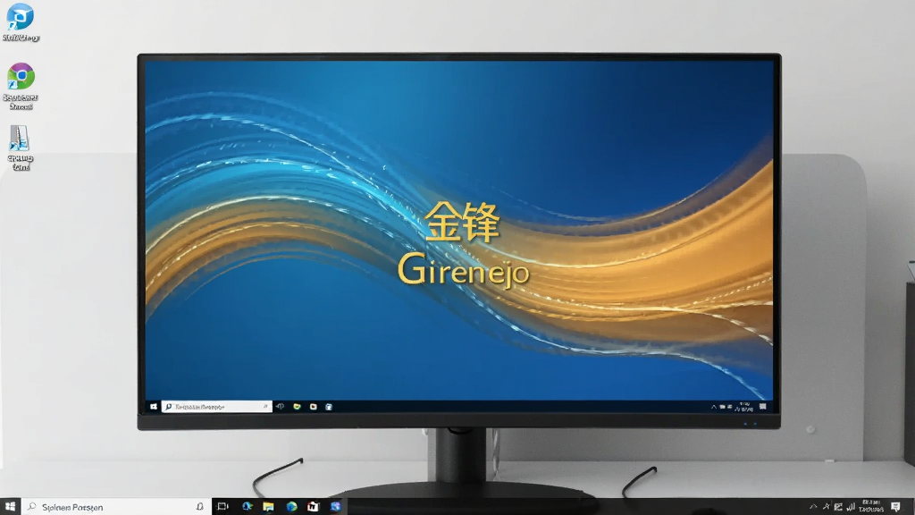 一张Windows电脑桌面场景图,画面中央显示金锋屏幕保护程序的启动画面,背景是简洁的办公桌面,显示器上呈现流动的光影屏保效果,整体布局为横向宽屏构图,风格为写实科技风,细节包括桌面图标、任务栏、屏保动态光效,画质清晰干净无多余元素