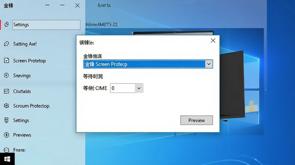一张金锋屏幕保护程序在Windows设置中启用的操作示意图,主体为屏幕保护程序设置窗口,布局为居中弹窗,风格简洁明了,细节包含下拉菜单选中金锋屏幕保护程序、等待时间数值、预览按钮,画质清晰干净无多余元素